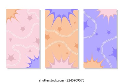 set of orange, soft pink and blue abstract portrait background with sun and wavy lines. simple, flat and colorful. used for wallpaper, backdrop, social media stories and poster