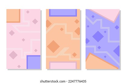 set of orange, soft pink and blue abstract portrait background with square pattern and lines. simple, flat and colorful. used for wallpaper, backdrop, social media stories and poster