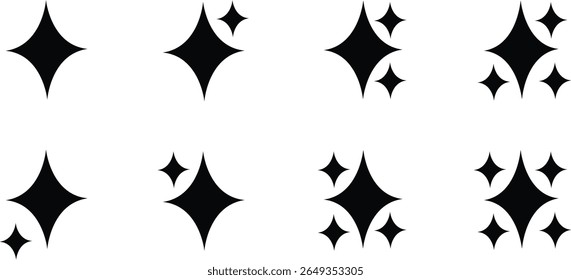 Set of orange sparkle stars. Stars sparkle compositions. Minimalist Sparkle and Starburst Icon Set. Shine black stars stencil, isolated diverse sparkling elements. Shapes for Design Projects.