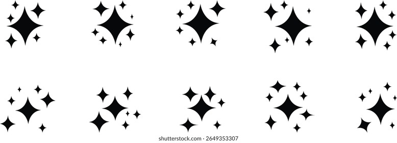 Set of orange sparkle stars. Stars sparkle compositions. Minimalist Sparkle and Starburst Icon Set. Shine black stars stencil, isolated diverse sparkling elements. Shapes for Design Projects.