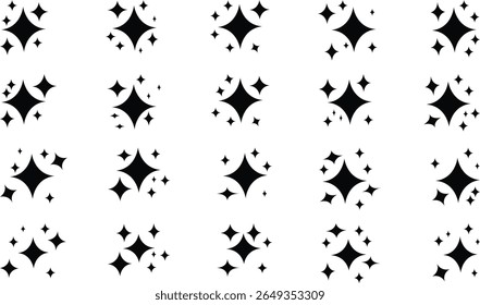 Set of orange sparkle stars. Stars sparkle compositions. Minimalist Sparkle and Starburst Icon Set. Shine black stars stencil, isolated diverse sparkling elements. Shapes for Design Projects.