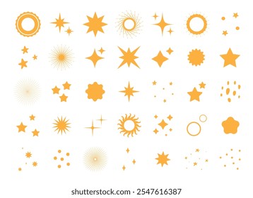 Set of orange sparkle stars. Twinkle stars collection. Stars icon.Retro sparkle icons collection. Set of star shapes. Abstract simple shine effect sign vector design. Templates for design, posters