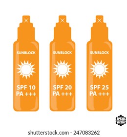Set of Orange SPF 10, 20, 25 PA+++ For Skin And Face Sun Block Icon Isolated on White Background - Vector illustration