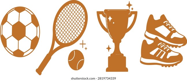 Set of orange sports vector icons featuring a soccer ball tennis racket trophy cup and sneakers for athletic designs