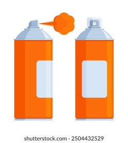 Set of orange spray paint cans with silver caps, one spraying paint. Flat vector illustration isolated on white background. Art supplies and graffiti concept. Perfect for creative projects