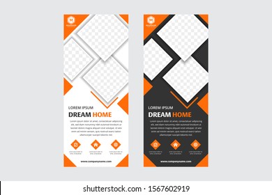 Set of orange square Business Roll Up Banner flat design template ,Abstract Geometric background. white and black background. space for photo. 