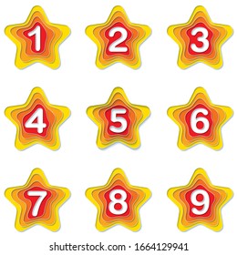 Set of orange star bullet points 1 to 9. Vector 3d number markers in cut paper quilling style