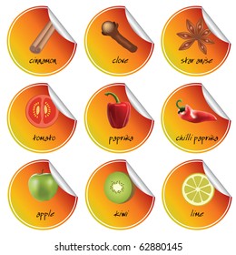 set of orange stickers with spice, vegetable and fruits