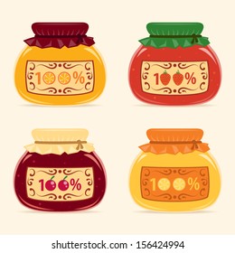 Set of orange, strawberry, cherry and lemon jam transparent glass jars with labels vector illustration