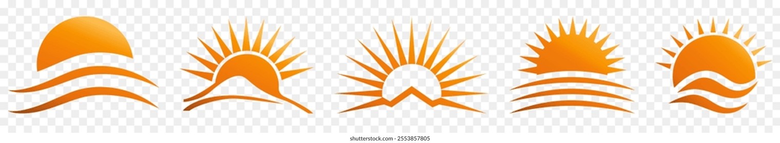 Set of orange sun ray logos. Vector illustration isolated on transparent background