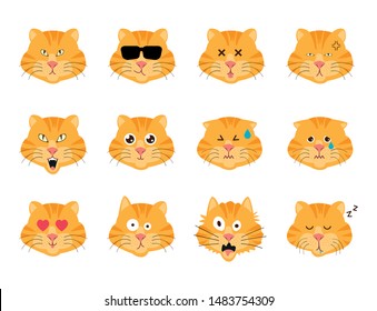 set of orange tabby cat faces, emotion and expression icons, emoji or emoticon, vector illustration