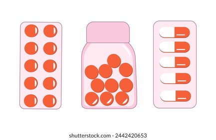 
Set of orange tablets in pink blister packs and in a jar. Medicines.  Tablets and capsules