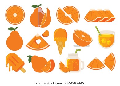 Set of orange Tangelo, Farm fresh product emblem for grocery shop, collection of ice cream, Juice jar, glass of juice, ice cream cone and stick, simple flat vector illustration of fruits.