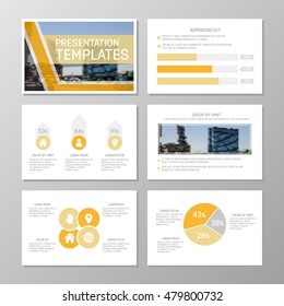 Set of orange template for multipurpose presentation slides with graphs and charts. Leaflet, annual report, book cover design.