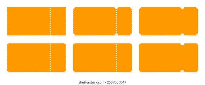 Set of orange ticket mockups with ruffle edges and shadows. Empty template. Concert, movie or theater ticket. Boarding blank, lottery, sale coupon