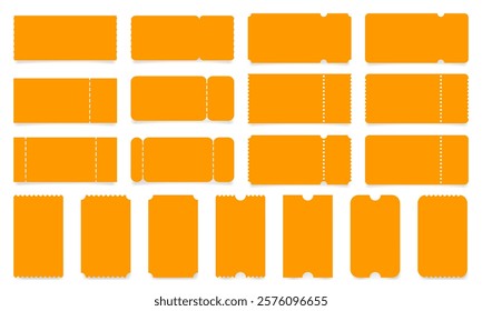 Set of orange ticket mockups with ruffle edges and shadows. Empty template. Concert, movie or theater ticket. Boarding blank, lottery, sale coupon