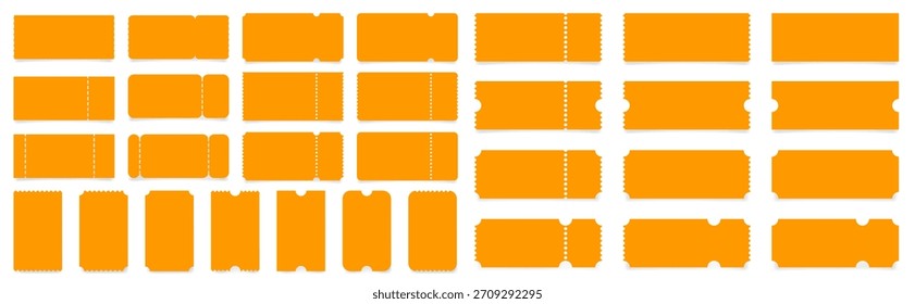 Conjunto de maquetas de boleto naranja con bordes de volantes y sombras. Plantilla vacía. Entrada para conciertos, películas o teatro. Embarque en blanco, lotería, Cupón de venta. Paleta de arco iris