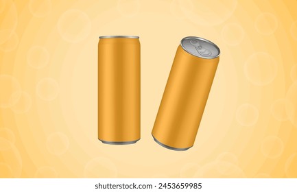 Set of orange tin cans of energy drink, juice or soda. Cocktail or fitness drink. Cold beverages. Can top view. Abstract background with bubbles and rays