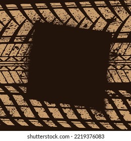 Set of orange tire track silhouettes isolated on dark background. Grunge tyre path lines wallpaper