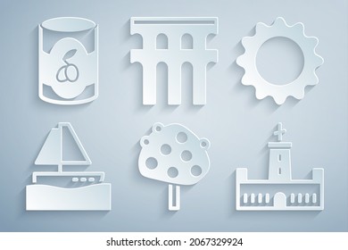 Set Orange tree, Sun, Yacht sailboat, Montjuic castle, Aqueduct of Segovia and Olives in can icon. Vector svg