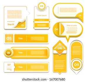Set of orange vector progress, version, step icons. eps 10
