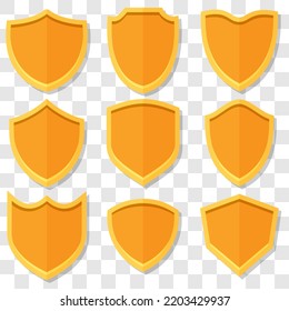 Set of orange vector shields in 3D style with shadow.