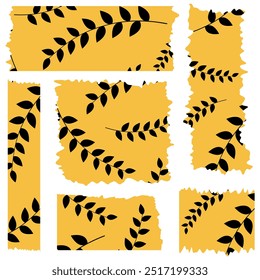 Set of orange washi tapes with black leaves pattern isolated on white. Washi tape collection in vector. Pieces of decorative tape for albums. Torn paper