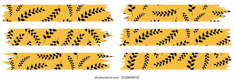 Set of orange washi tapes with black leaves pattern isolated on white. Washi tape collection in vector. Pieces of decorative tape for albums. Torn paper