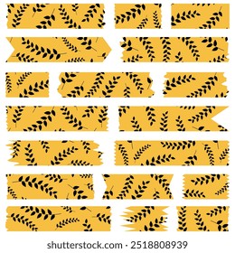 Set of orange washi tapes with black leaves pattern isolated on white. Washi tape collection in vector. Pieces of decorative tape for albums. Torn paper