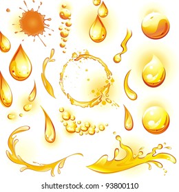 Set of orange water drops and splashes. Vector illustration.