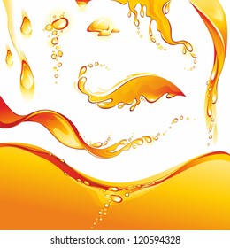 Set of orange water splashes and drops. Vector illustration.