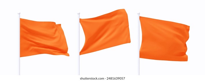 Set of Orange waving flag on flagpole. Realistic 3d design flag flies on the wind on isolated white background. vector illustration