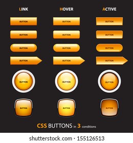 Set Of Orange Web Buttons In Three CSS Conditions. Link, Hover And Active Conditions.