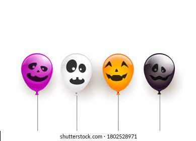 Set of orange, white, black and purple balloons with scary smiles isolated on white background. Illustration can be used for children's holiday design, decorations, cards, banners.