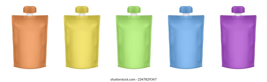 Set of orange, yellow, green, blue and purple spouted poucher. Fruit puree in a doy pack. Juice in a plastic bag. Flexible doypack with cap. Baby food pack