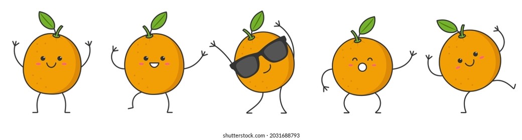 Set oranges character cartoon dancing funny fruit smiling face happy emotions icon logo vector illustration.