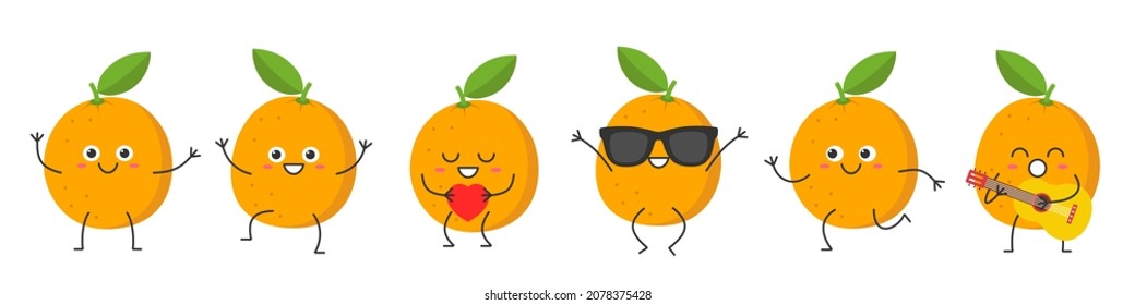 Set oranges cute character cartoon greeting jumping loves sings running funny fruit smiling face happy joy emotions icon vector illustration.