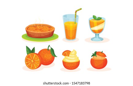 Set of oranges and desserts from it. Vector illustration on a white background.
