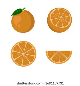 Set Oranges fruit - whole orange, 
half, piece and slice Orange. Fruits isolated on a white background. Stock vector illustration.