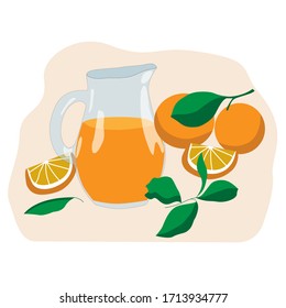 Set of oranges, halves and jug with orange juice on a pink background. For the design of postcards, signboards, prints on notebooks, bags, packaging, mugs, dishes.