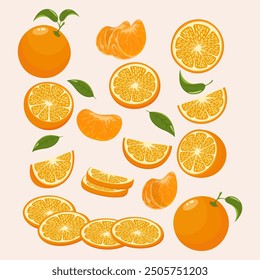 Set of oranges icons symbols. whole an slices. Stock vector art isolated on white background