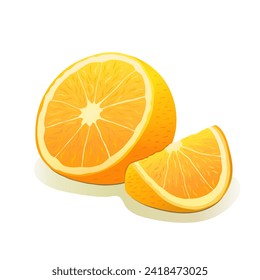 A set of oranges. A ripe half of an orange and a slice of orange on a white isolated background. Fruits, vitamins, minerals. Proper nutrition and diet. Citrus fruits. Label. Vector illustration.