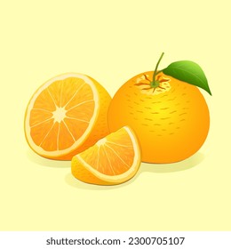 A set of oranges. A ripe orange with a leaf, half an orange and a slice of orange on a yellow or beige square background. Fruits, vitamins, minerals. Food and proper nutrition. Vector illustration.