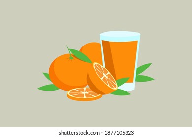 set of oranges and its slices with glass of fresh orange juice cartoon style vector design for menu covers, backgrounds, banners, posters illustration.