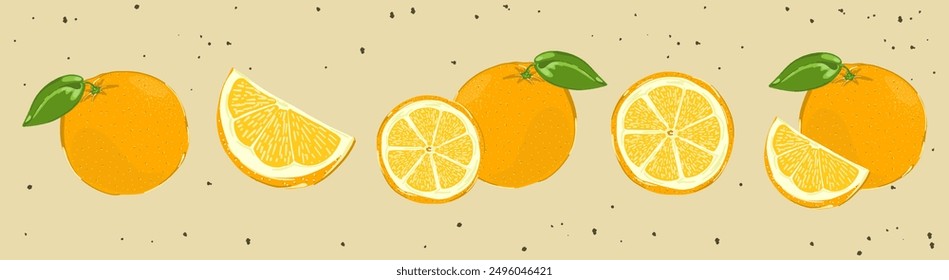 Set of oranges. Sweet bright orange slice or half in trendy retro vintage style. Cartoon yellow fresh food collection. Cute fruit icon. Hand drawn isolated vector illustration on pastel background
