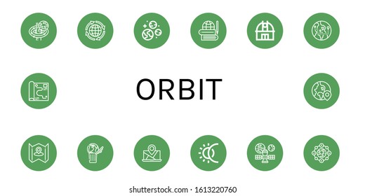 Set of orbit icons. Such as Black hole, Global, Planets, Observatory, Globe, Map, World, Eclipse, Satellite, Earth , orbit icons