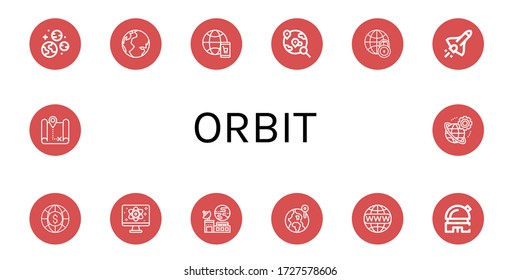 Set of orbit icons. Such as Planets, Earth, Global, World, Space shuttle, Quantum, Satellite, Worldwide, Observatory, Map , orbit icons