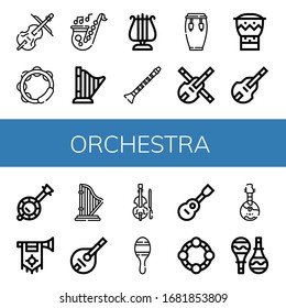 Set of orchestra icons. Such as Cello, Tambourine, Saxophone, Harp, Lyra, Clarinet, Conga, Violin, Bongo, Double bass, Banjo, Trumpet, Mandolin, Maracas, Viola , orchestra icons