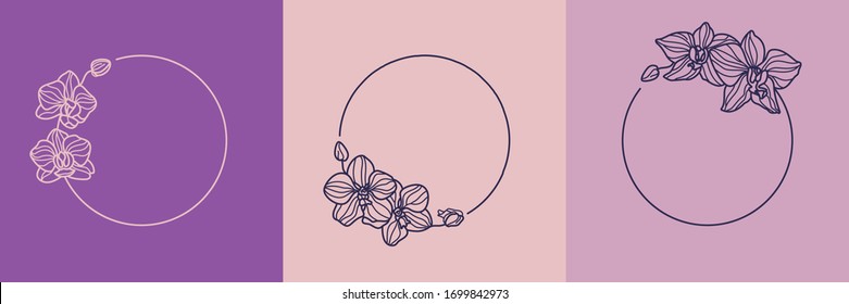 Set of orchid flower round frames and monogram concept in minimal linear style. Vector floral logo with copy space for letter or text. Emblem for Cosmetics, Medicines, Food, Fashion, Beauty