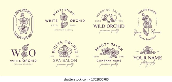 Set Orchid logos design templates in simple minimal linear style. Vector floral emblem and icon for Beauty Salon, SPA, Wedding Boutiques, Photographers, fashion store, flower shop